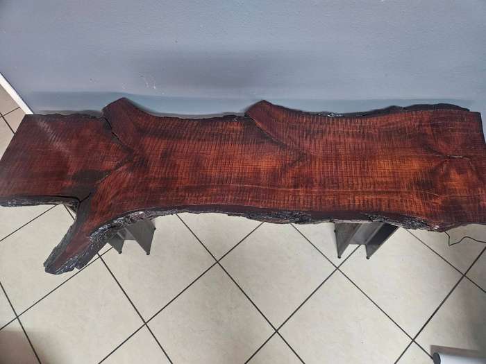 Live Edge Oak Slap Table - Dark Stain - Industrial I-Beam Legs - Handmade Console / Desk