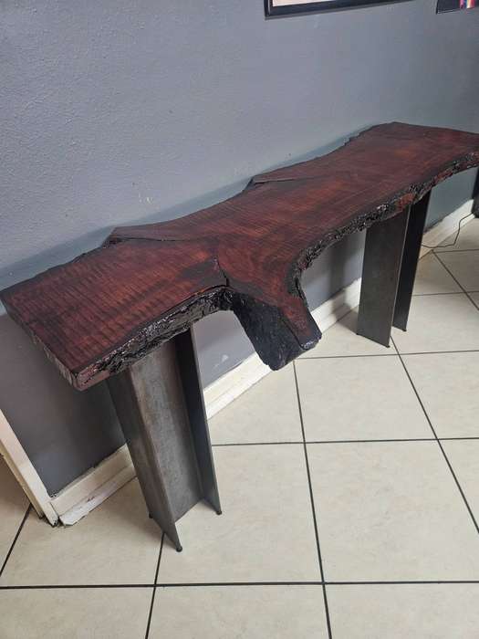 Live Edge Oak Slap Table - Dark Stain - Industrial I-Beam Legs - Handmade Console / Desk