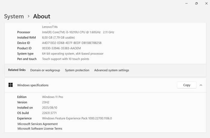 Lenovo ThinkPad T14s Gen 1  i5-10210U / 8GB / 256GB SSD / 14" FHD Touchscreen  Excellent Condition