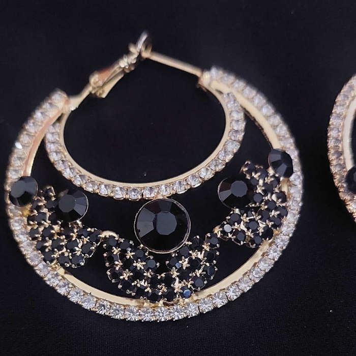 Elegant Black Stone And Crystal  Hoop Earing -Gold finish