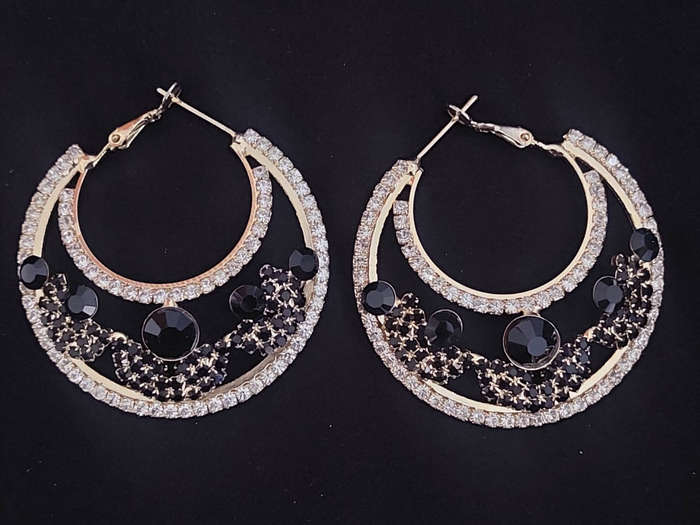Elegant Black Stone And Crystal  Hoop Earing -Gold finish