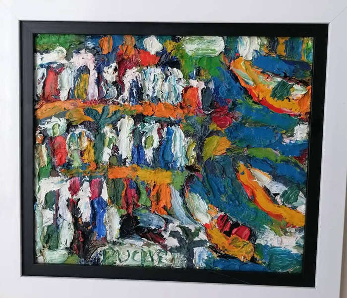 Elwin Buchel Painting - Three Boats 300mm x 340mm OIL