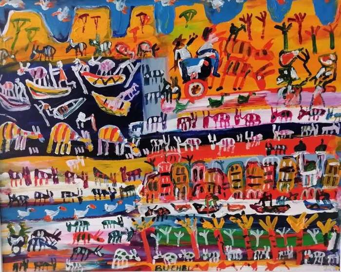 Elwin Buchel Painting - Animal Parade 470mm x 600mm Framed