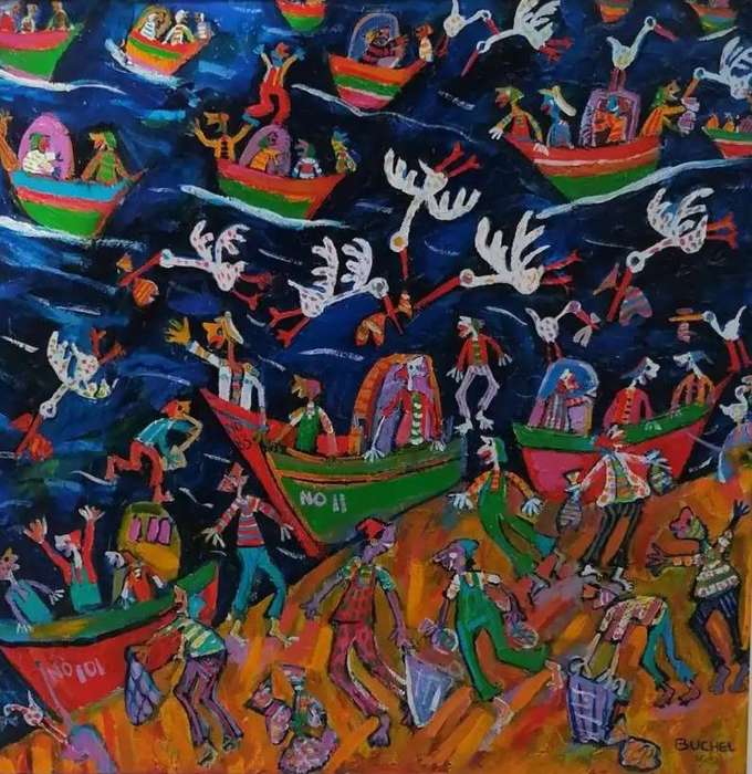 Elwin Buchel Painting - Boats no. 11 990mm x 990mm Framed