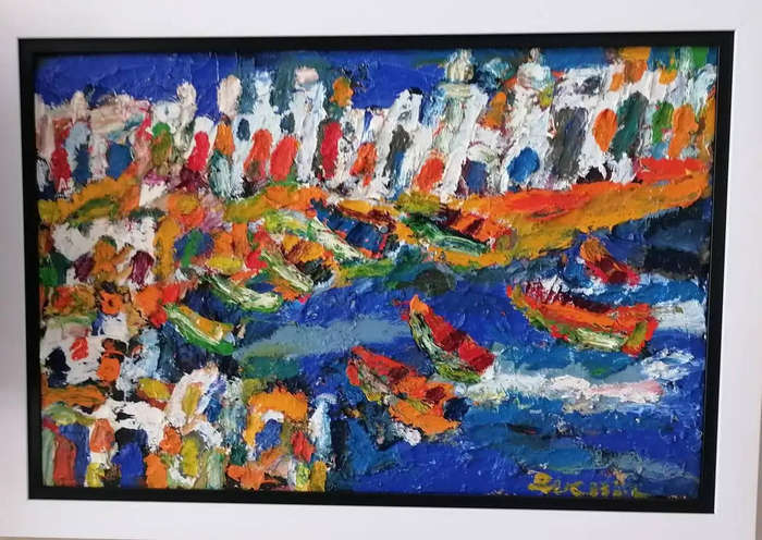 Elwin Buchel Painting - Boats in Harbour 500mm x 750mm OIL