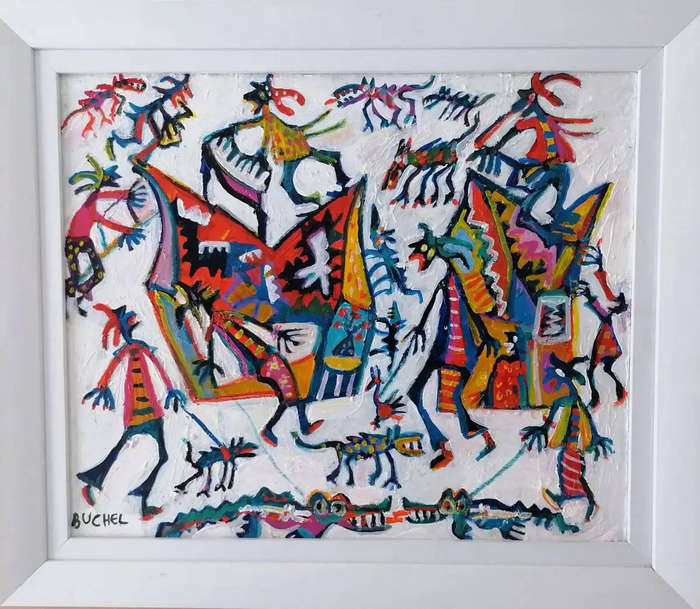 Elwin Buchel Painting - Dancing on the roof 500mm x690mm Framed
