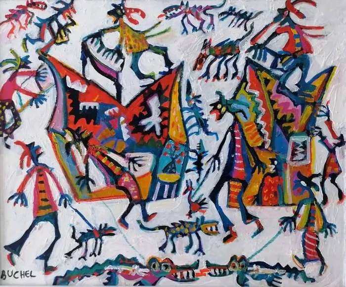 Elwin Buchel Painting - Dancing on the roof 500mm x690mm Framed