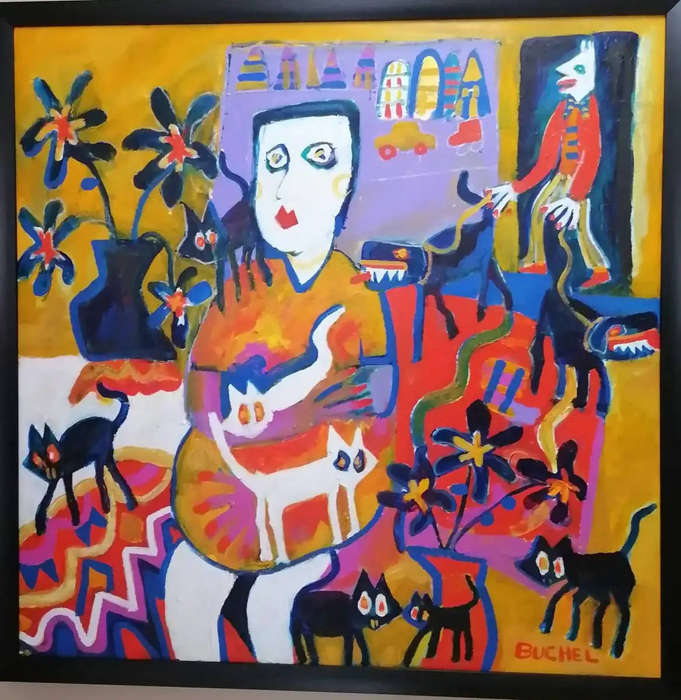 Elwin Buchel Painting - Marina Cats  670mm x 980mm Framed