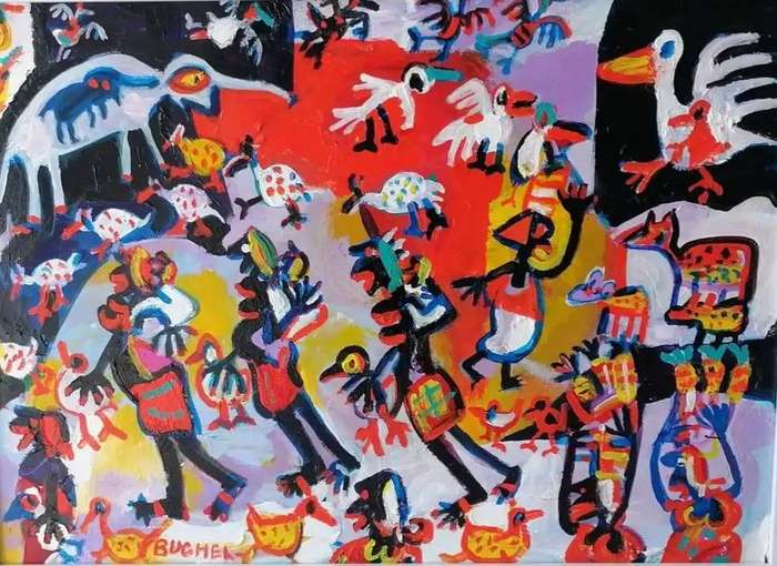 Elwin Buchel Painting - Street party 460mm x 690mm Framed