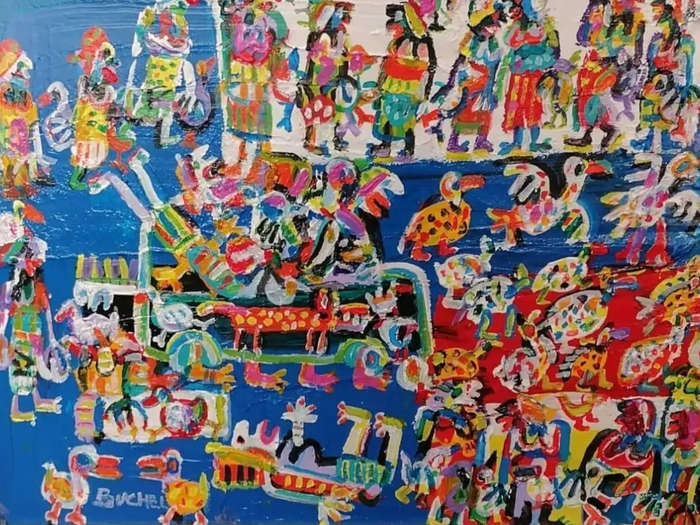 Elwin Buchel Painting Rural Market day East Cape - 450mm x 590mm
