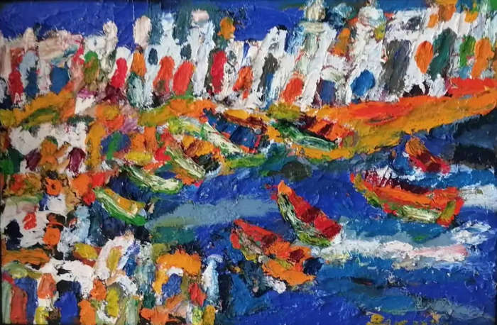 Elwin Buchel Painting - Boats in Harbour 500mm x 750mm OIL