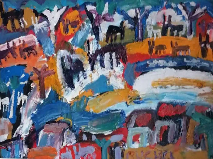 Elwin Buchel Painting - Horse Farm 300mm x 340mm OIL