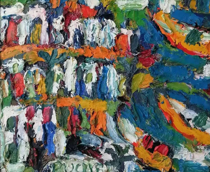Elwin Buchel Painting - Three Boats 300mm x 340mm OIL
