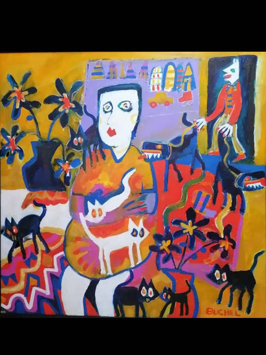 Elwin Buchel Painting - Marina Cats  670mm x 980mm Framed