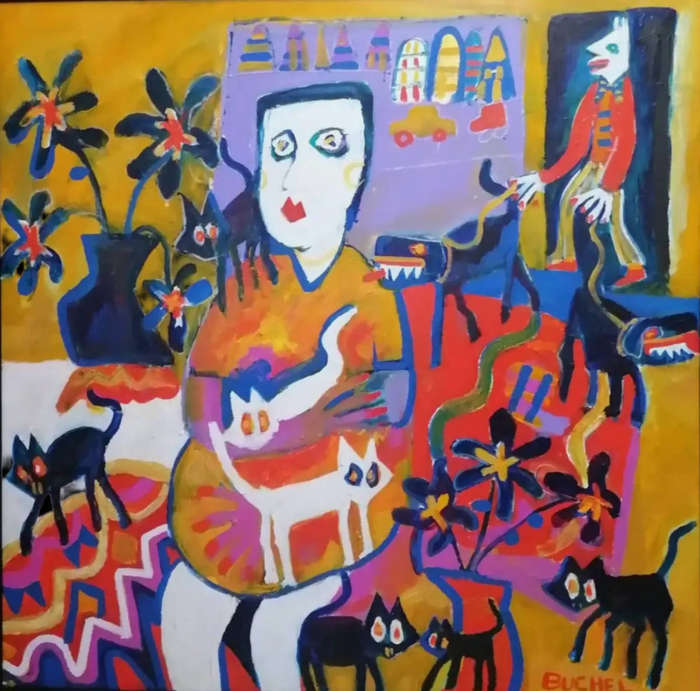 Elwin Buchel Painting - Marina Cats  670mm x 980mm Framed