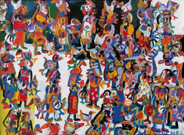 Elwin Buchel Painting Ladies going to the village market 600mm x 450mm Framed