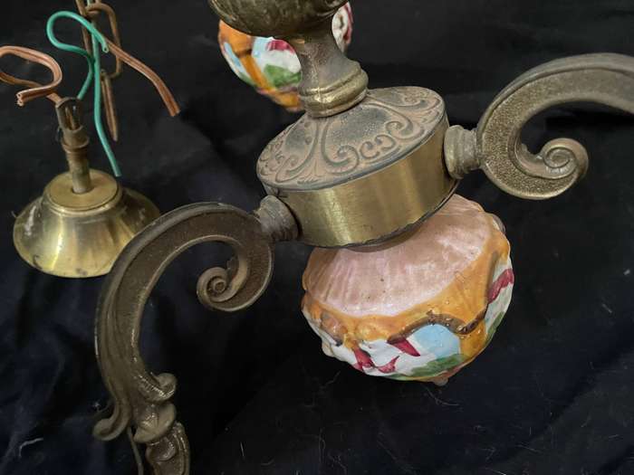 Vintage Italian 3-Arm Chandelier  Porcelain Globes & Original Champagne Glass