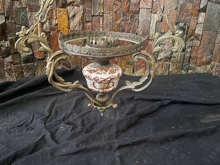 Antique Italian Brass Hanging Lamp  Small Chandelier Size, Decorative Porcelain Bottom