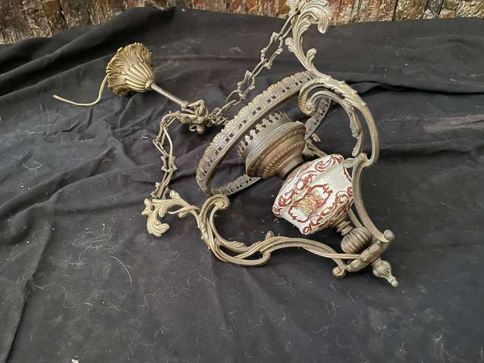Antique Italian Brass Hanging Lamp  Small Chandelier Size, Decorative Porcelain Bottom