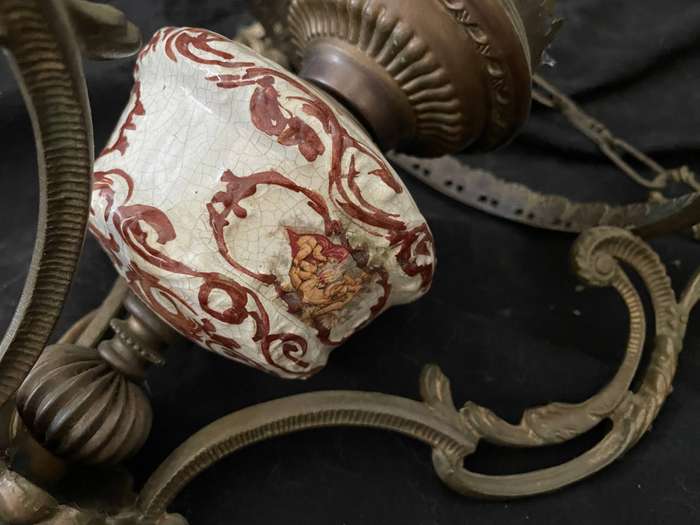 Antique Italian Brass Hanging Lamp  Small Chandelier Size, Decorative Porcelain Bottom