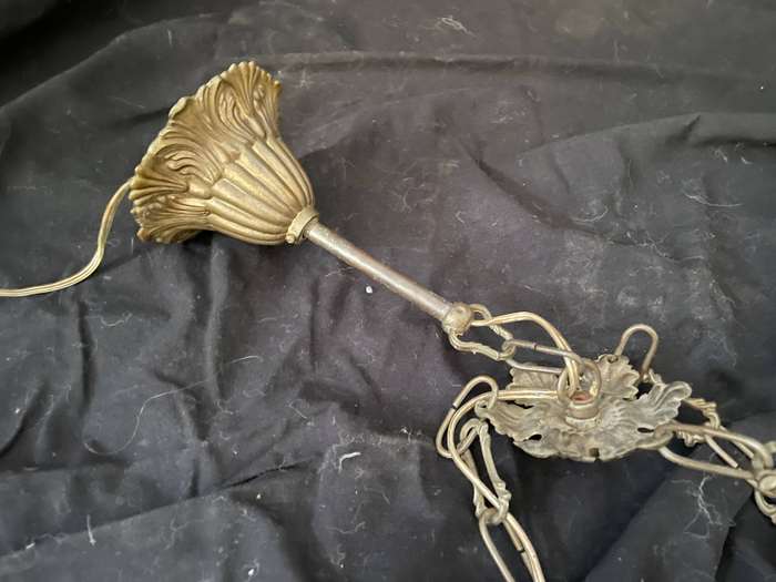Antique Italian Brass Hanging Lamp  Small Chandelier Size, Decorative Porcelain Bottom