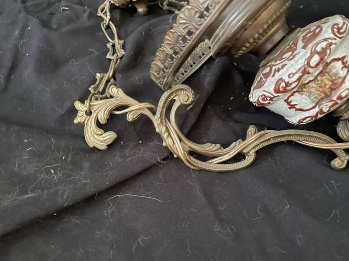 Antique Italian Brass Hanging Lamp  Small Chandelier Size, Decorative Porcelain Bottom