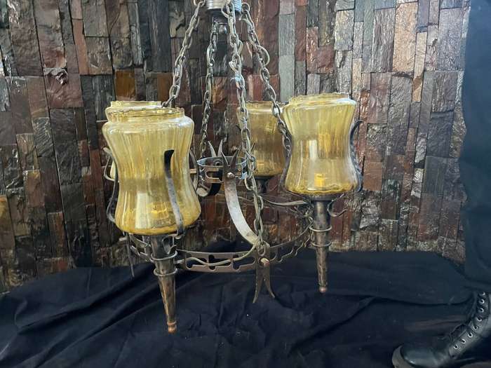 Antique Vintage Gothic Ring Chandelier  Amber Glass Torch Shades, Original