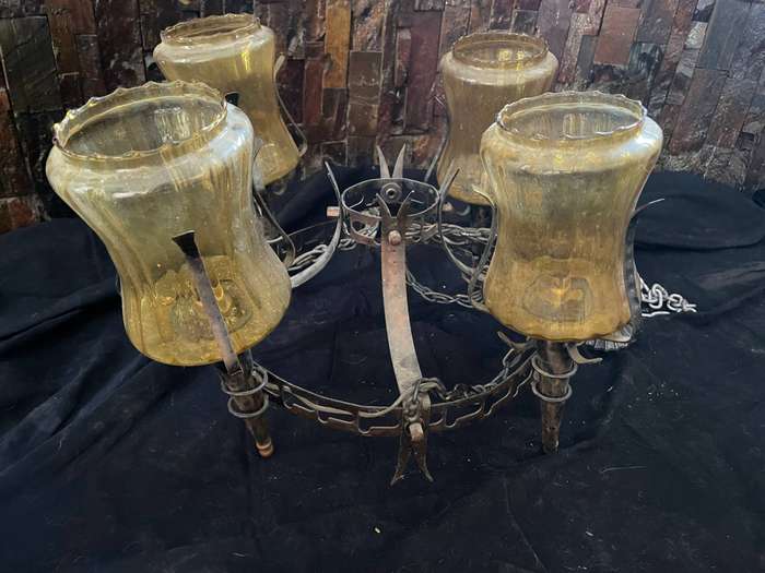 Antique Vintage Gothic Ring Chandelier  Amber Glass Torch Shades, Original