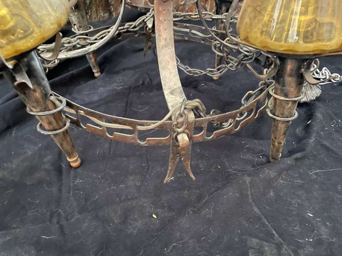 Antique Vintage Gothic Ring Chandelier  Amber Glass Torch Shades, Original