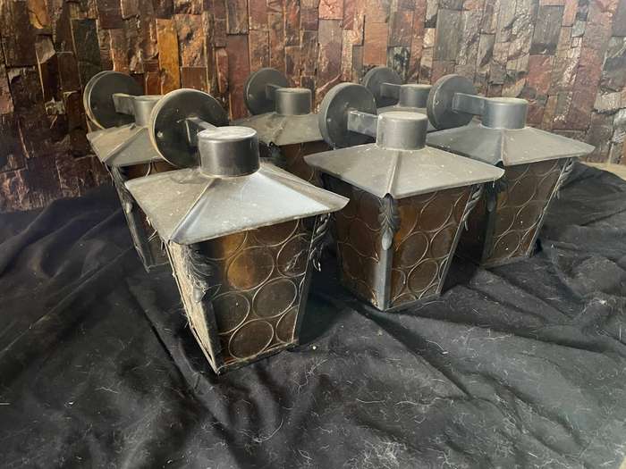Antique Wrought Iron Lanterns  Amber Glass Panes & Bullseyes