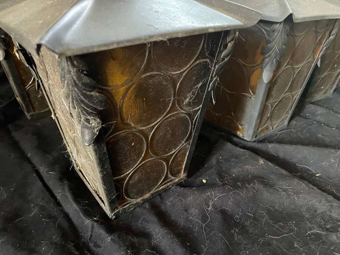 Antique Wrought Iron Lanterns  Amber Glass Panes & Bullseyes
