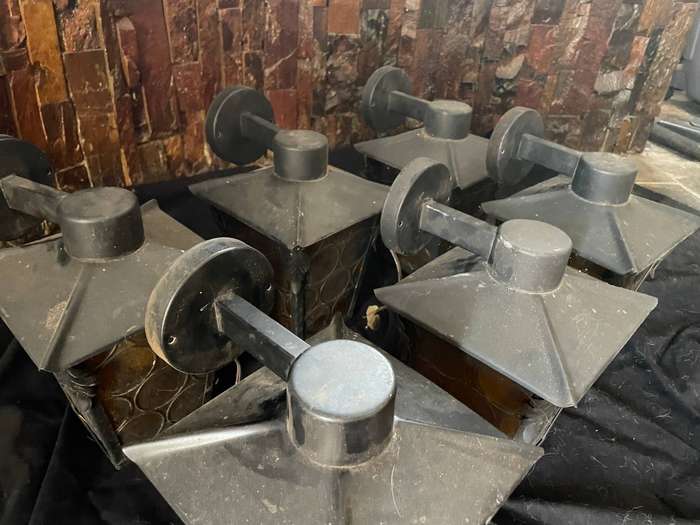 Antique Wrought Iron Lanterns  Amber Glass Panes & Bullseyes