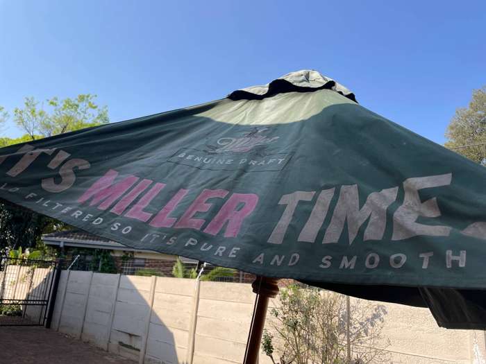 Miller Genuine Draft Patio Umbrella  Wooden Frame, 1990s Vintage