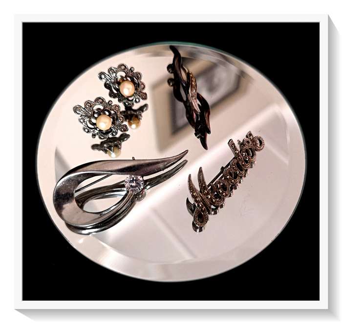 A Trio of Vintage Brooches studded with Glass Diamante and a Pair of Faux Pearl Earrings