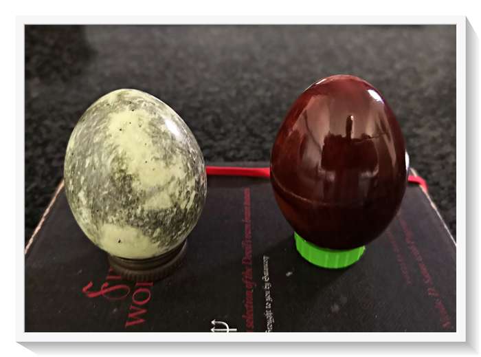2X One Genuine Light Green Marble Egg and One Solid Wood Egg with a Natural Hairline split *