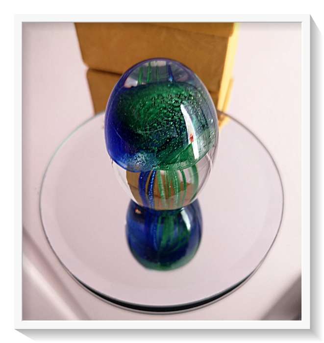 One Glass Paperweight in Swirls of Green and hues of Blue with Articulated Bubbles 003