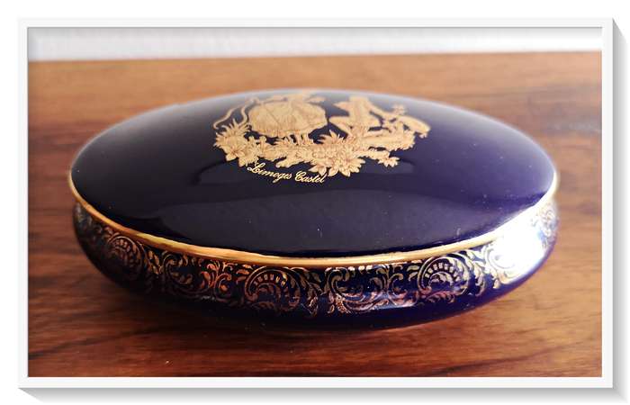 LIMOGES CASTEL - 22K Gold Coated - Oval Shaped Deep Blue and Gold French Porcelain Trinket Holder *