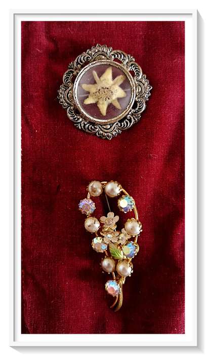 Sewe Jaartjie Pressed Flower Vintage Brooch Plus Old Flower Themed Rhinestone Brooch ***