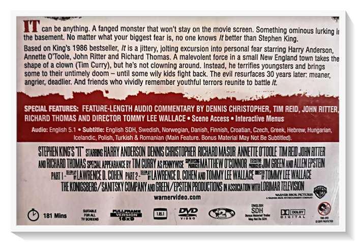 Stephen King - IT - TIM CURRY - DVD -Special Features - Original Double-Sided Disc - Condition: VG+