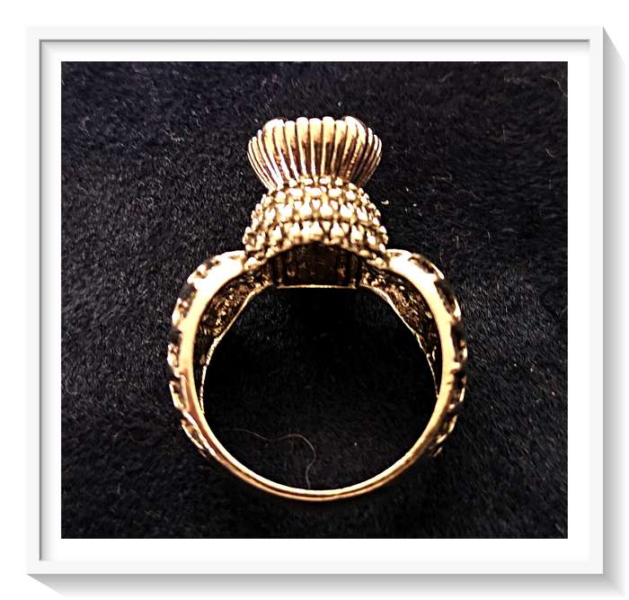 Vintage Look Thistle Shaped Metal Ring Size 7 Deep Simulated Garnet Red For Him or Her