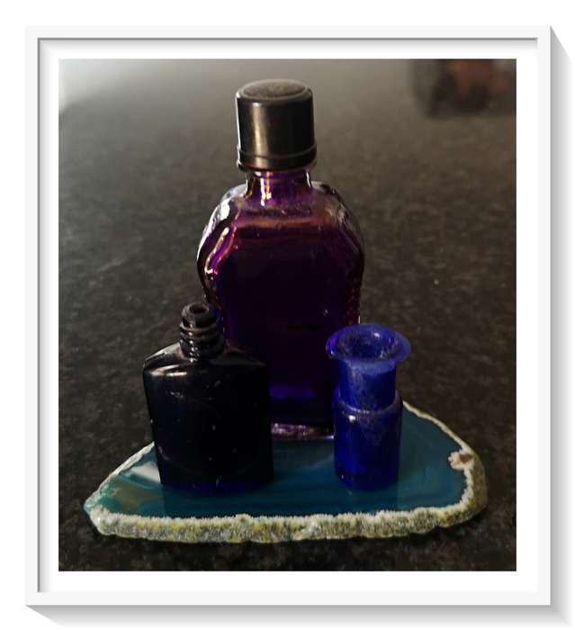 Three Cobalt Glass Yesteryear Miniature Bottles - the Tiny Blue one is just 2CM in Height So Pretty