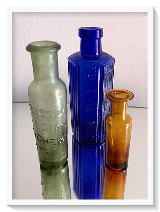 Three Vintage Pharmaceutical Bottles in Blue - Green - Yellow - NOT TO BE TAKEN Poison Bottles