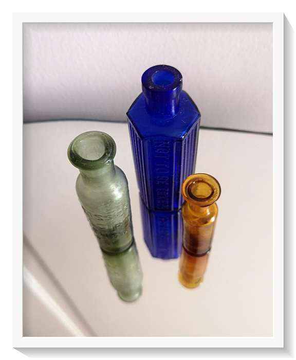 Three Vintage Pharmaceutical Bottles in Blue - Green - Yellow - NOT TO BE TAKEN Poison Bottles