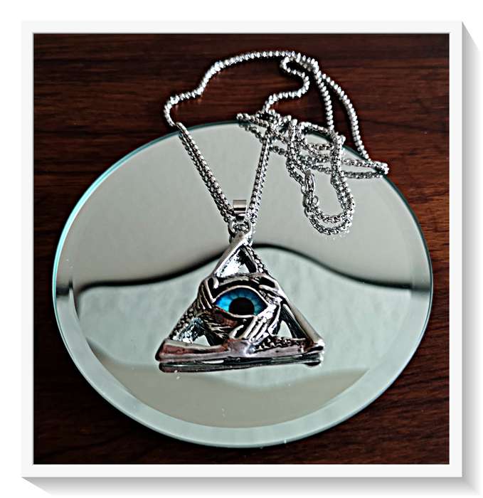 Chrome Metal Triangular Esoteric Eye / Pyramidal Blue Eye Pendant with Metal Snake Chain
