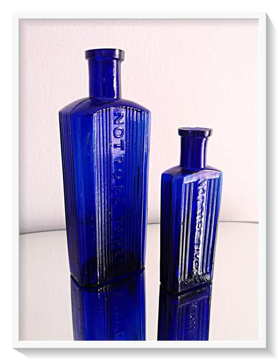 Two Cobalt Blue NOT TO BE TAKEN Glass Bottles in Perfect Condition 150mm and 100mm