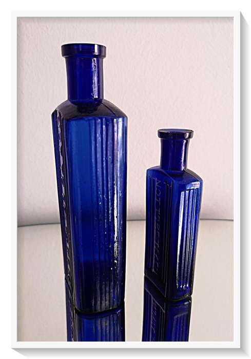 Two Cobalt Blue NOT TO BE TAKEN Glass Bottles in Perfect Condition 150mm and 100mm