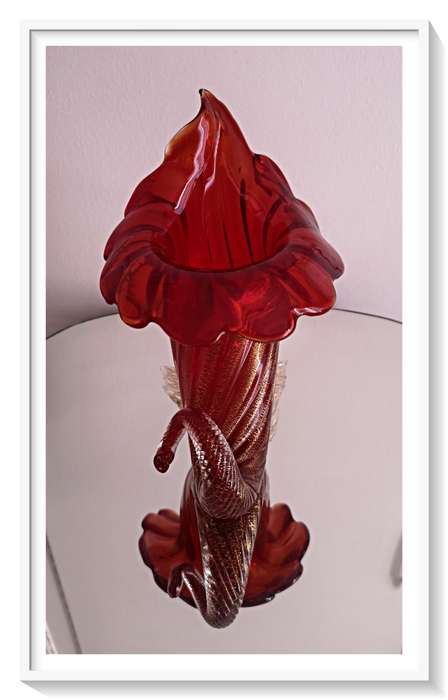 VINTAGE ITALIAN MURANO CORNUCOPIA GLASS VASE - Vibrant Ruby Red Mid-Century Murano (No Chips)