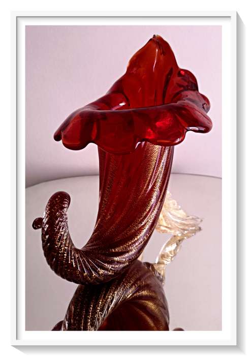 VINTAGE ITALIAN MURANO CORNUCOPIA GLASS VASE - Vibrant Ruby Red Mid-Century Murano (No Chips)