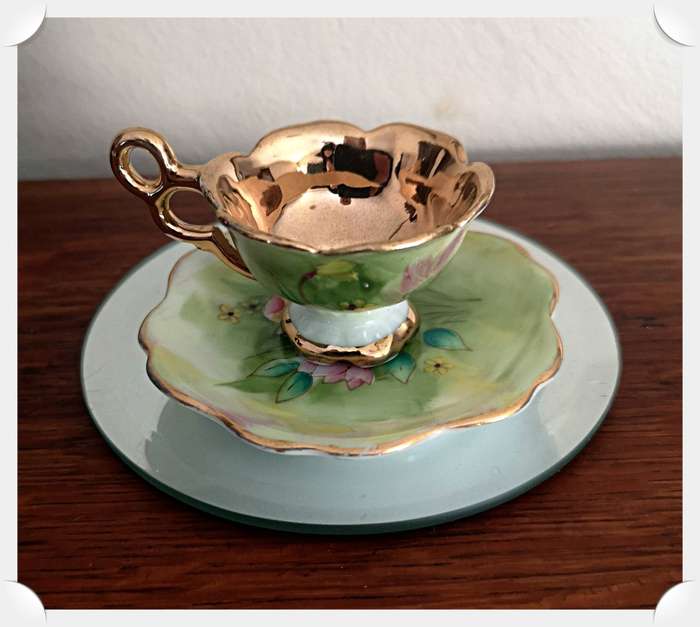 Vintage Ceramic Miniature 22c Gold Gilded Tea Cup and Saucer - Balboa - Hand Made and Hand Painted