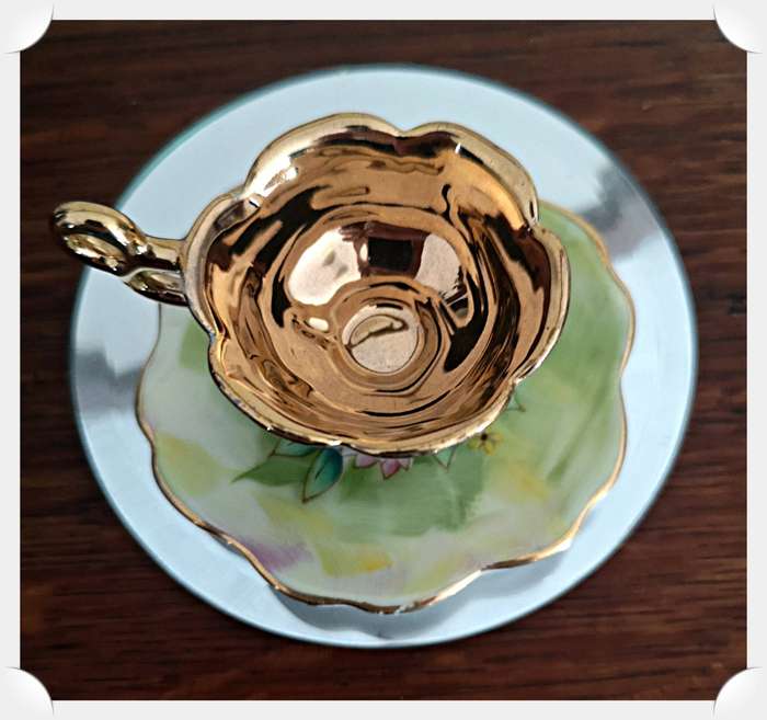 Vintage Ceramic Miniature 22c Gold Gilded Tea Cup and Saucer - Balboa - Hand Made and Hand Painted